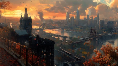 Autumn city skyline glows over river bridges at sunset