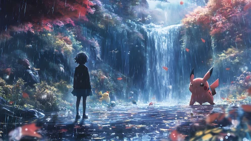 Rainlit forest meet-cute with luminous electric companions.