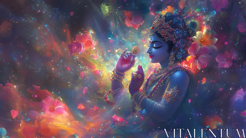 Celestial blue deity cradling starlight amid cosmic blooms.