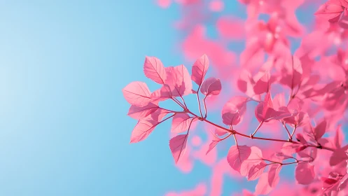 Vibrant pink leaves on branch against bright blue sky, soft focus.