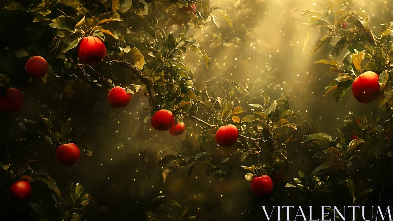 Sunlit orchard whispers as ruby apples float in golden dust