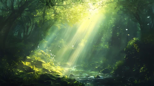 Sunlit forest stream with luminous green canopy glow.