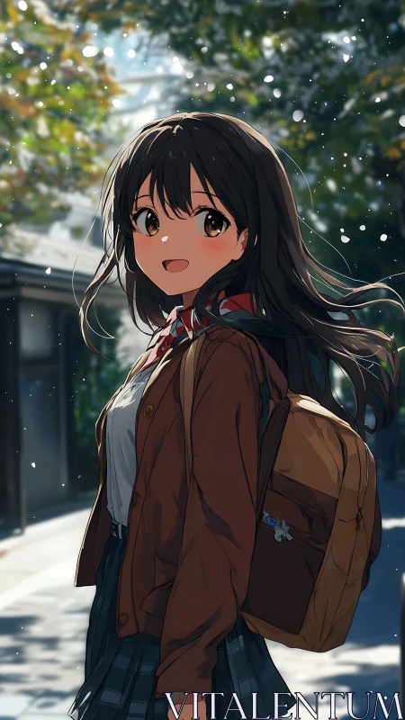 Schoolgirl on sunlit street in detailed anime illustration.