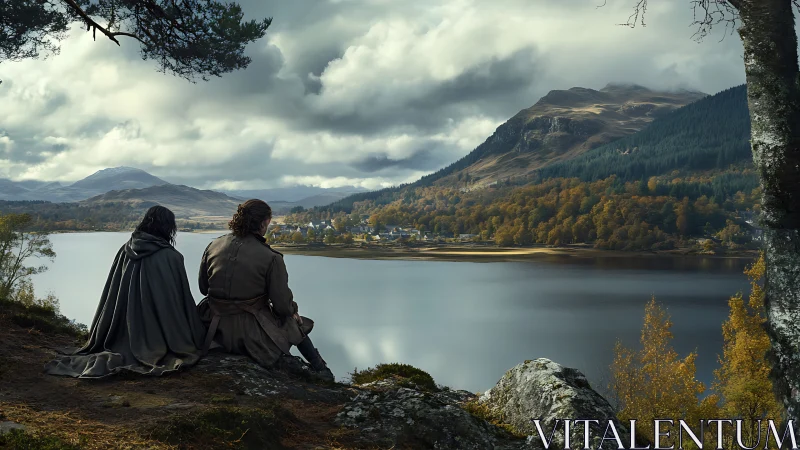Two travelers resting above a quiet autumn mountain lake.