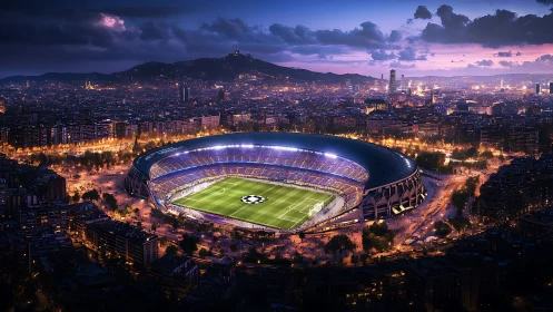 Champions League stadium glows over vast twilight city
