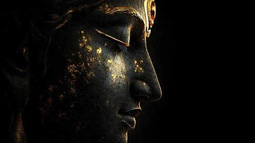 Golden quietude on a shadowed divine profile sculpture.