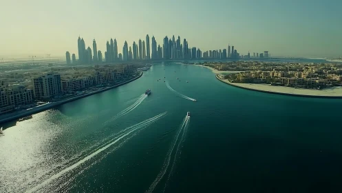 Wide aerial view shows towers behind artificial waterfront inlet