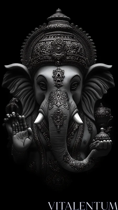 Monochrome high-relief Ganesha bust with ornate metallic regalia