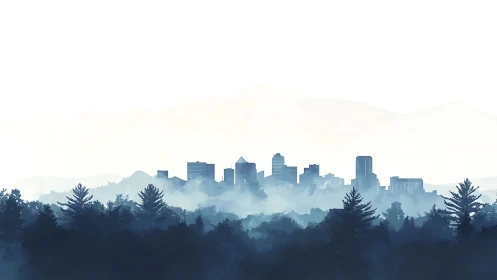 Urban skyline silhouette behind layered conifer forest.