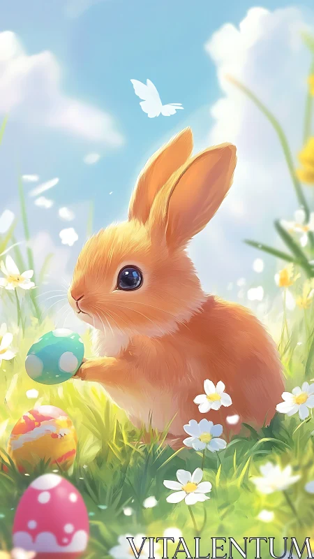 Gentle spring bunny enjoys colorful eggs in a sunny meadow