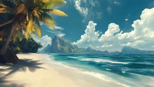 Tropical Island Beach with Limestone Cliffs and Palm Trees