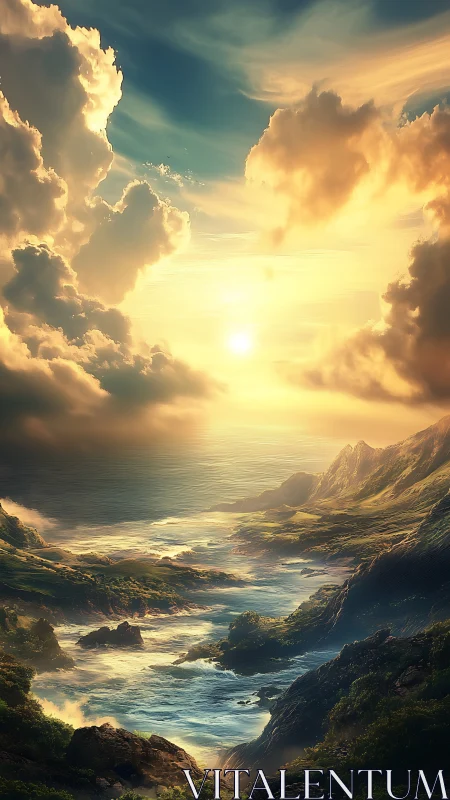 Golden sunset pours over dramatic fantasy ocean cliffs