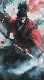 Samurai warrior in red kimono advances through abstract storm