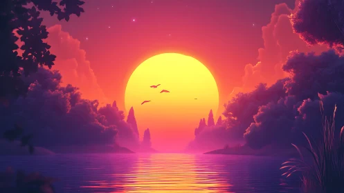 Sunset swallows the river in molten neon twilight glow