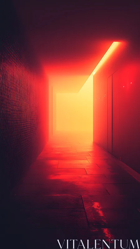 Linear corridor with red illumination and bright end void.