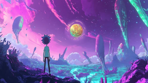 Solitary figure observes luminous orb above stylized alien basin