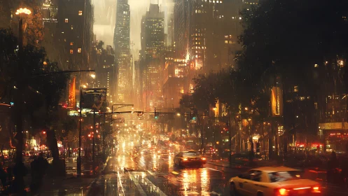 Rain-washed city lights painting the night in gold and ember.
