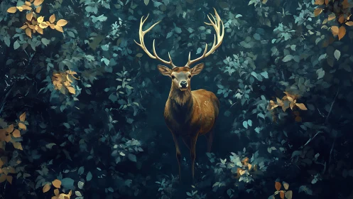 Stag poised in twilight forest with luminous antlers.
