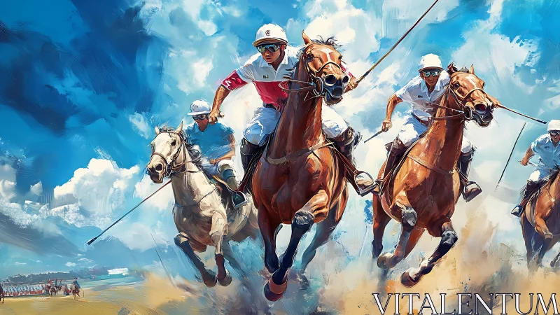 Dynamic polo match with riders charging across field.