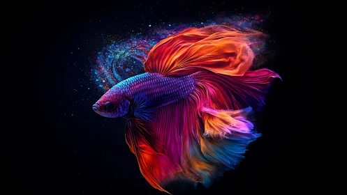 Vibrant betta fish drifts through cosmic neon waters