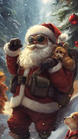 Goggled trailblazer Santa marches through snow with corgi scouts.