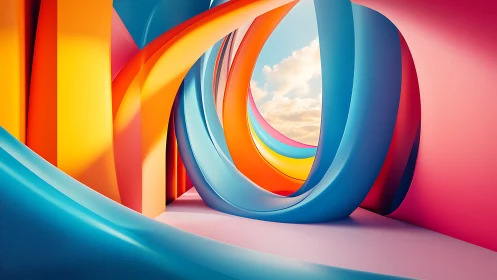 Ribbon gateway of color curling toward a painted sky.