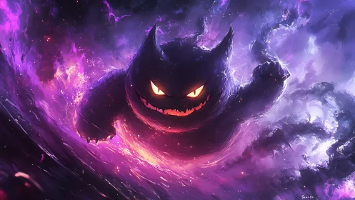 Spectral ghost silhouette in luminous violet nebula storm.