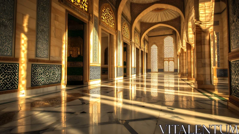 Golden light fills ornate marble mosque corridor interior