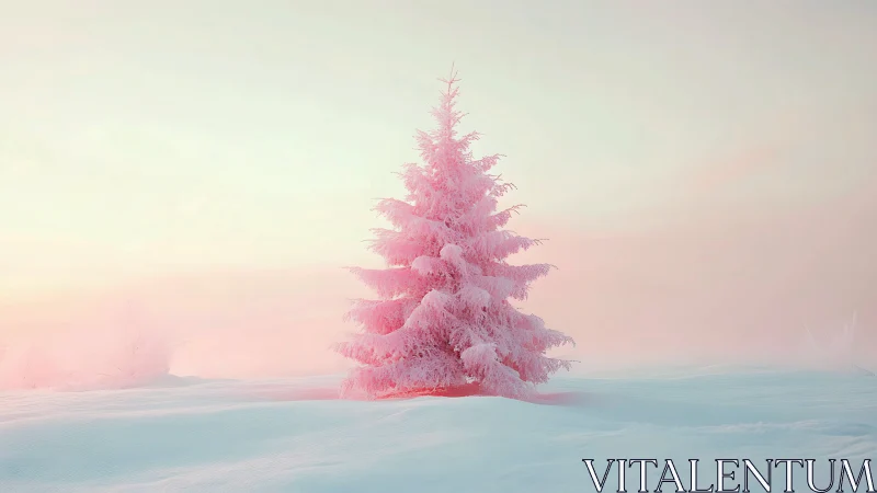 Pink frost-covered fir tree rises over pastel winter field