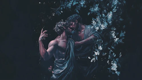 Intimate embrace of two men in dark floral setting.