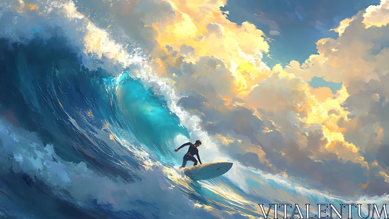 Surfer carves a glowing turquoise wave beneath radiant clouds.