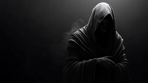 Hooded skeletal wraith emerges from darkness in eerie silence.