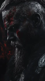 Battle-scarred Viking warrior rendered in moody chiaroscuro profile