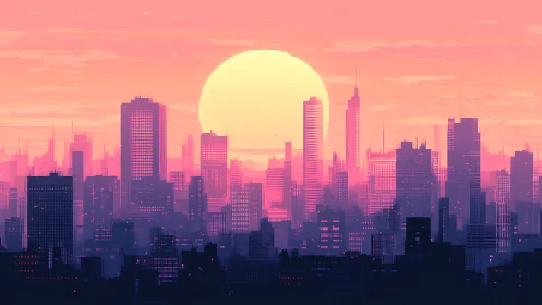 Neon pixel skyline under oversized pastel sun at dusk.