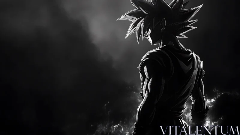 Brooding anime warrior silhouette in stormlit monochrome.