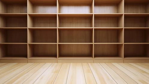 Orderly wooden shelves awaiting stories and beautiful clutter.