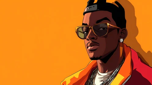 Stylized male portrait on flat orange monochrome field.