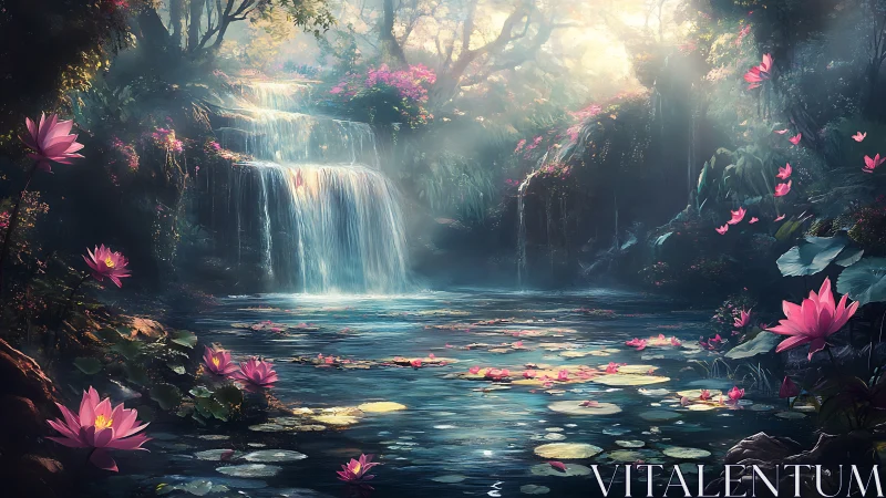Luminous lotus waterfall sanctuary with ethereal forest light.