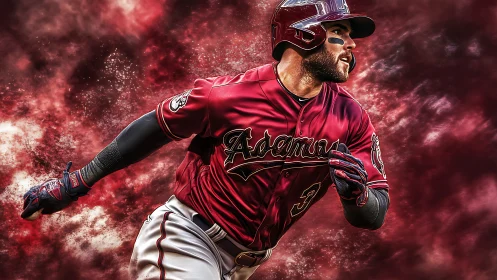 Dynamic baseball player sprints forward through red energy clouds.