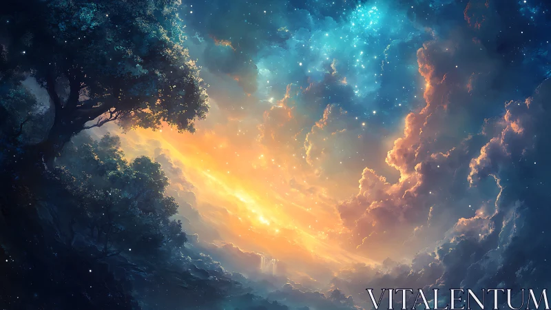 Night forest foreground contrasts with luminous clouded sky