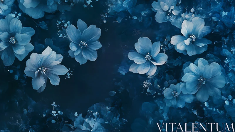 Blue floral composition with layered petals and distributed depth field.