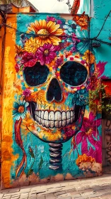 Colorful floral skull mural covers textured urban wall