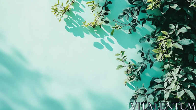 Sunlit green vines casting shadows on pastel blue wall, minimalist style.