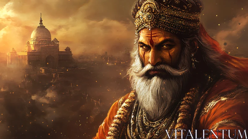 Bearded warrior king stares forward beside domed palace