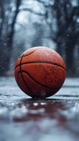Weathered basketball on wet court in dramatic winter rain.