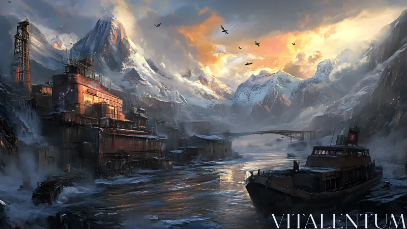 Rust-red polar refinery and boat in cinematic thawing fjord.