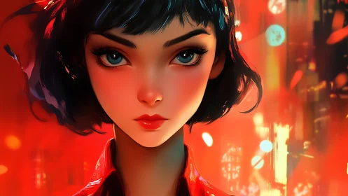 Neon-lit digital portrait of woman with intense cyan eyes.