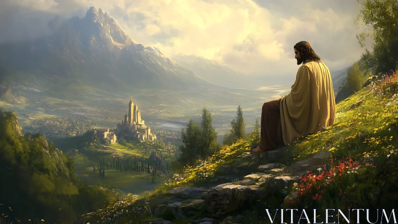 Solitary robed figure overlooks sunlit mountain kingdom