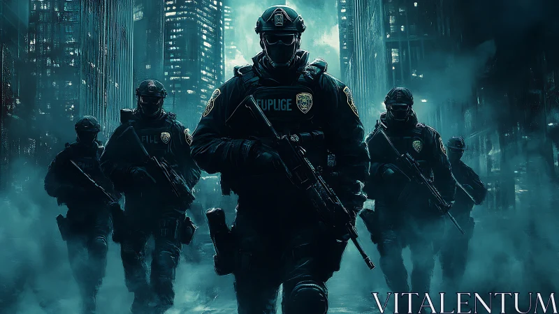 Tactical police unit advances through neon city fog at night.