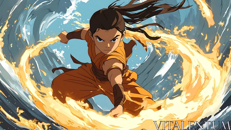 Monk warrior bends swirling fire against crashing water.